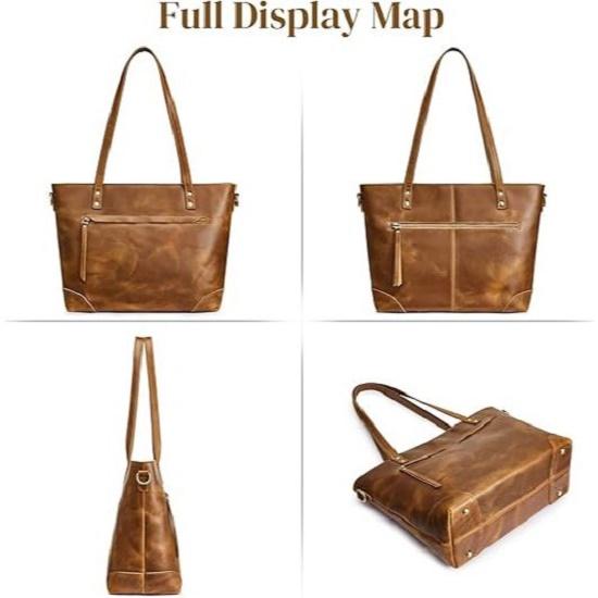 Genuine Leather Tote Bag for Women Work Shoulder Crossbody Purses Handbag with Outside Pockets
