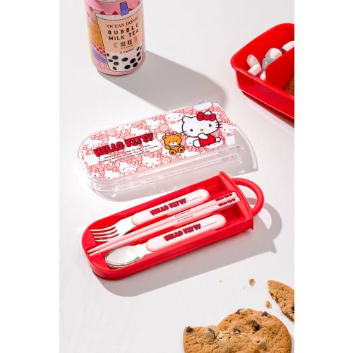 Skater Lunch Box Trio Set Chopsticks Spoon Fork Hello Kitty Ushiro Shiro Sanrio For Children Antibacterial Treatment Easy to Open Sliding Type Made in