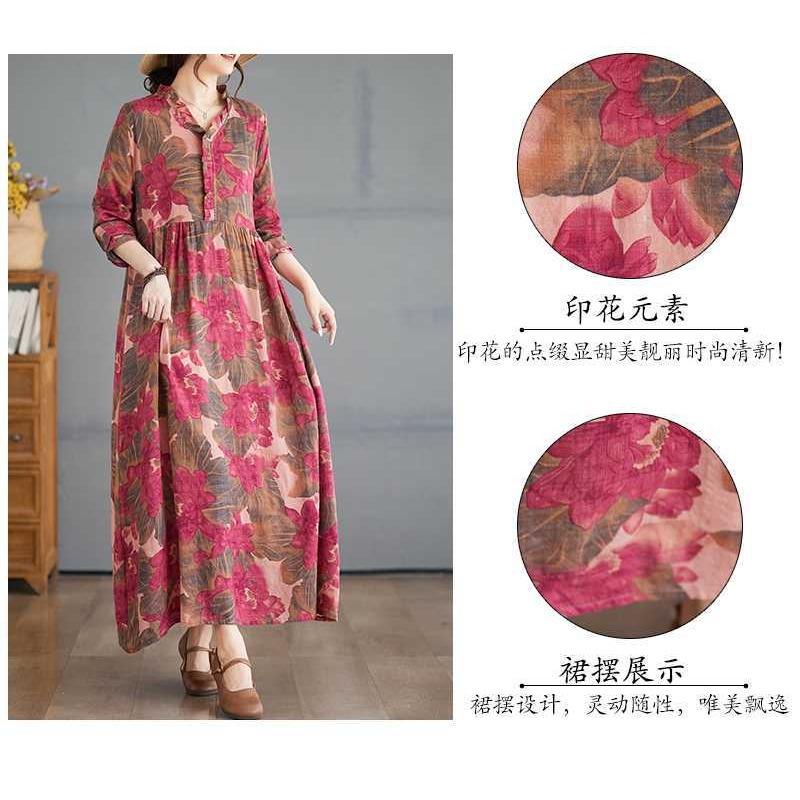 Printed Loose Belly Shading Mulle Lace Long Sleeve Hem Long Dresses