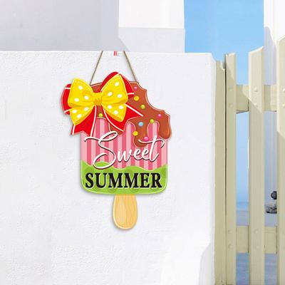 Summer Slippers Hanging Sign Flip Flop Shape Welcome Door Sign Rustic Watermelon Ice Cream Wooden Wreath for Farmhouse Front Door Patio Balcony Wall