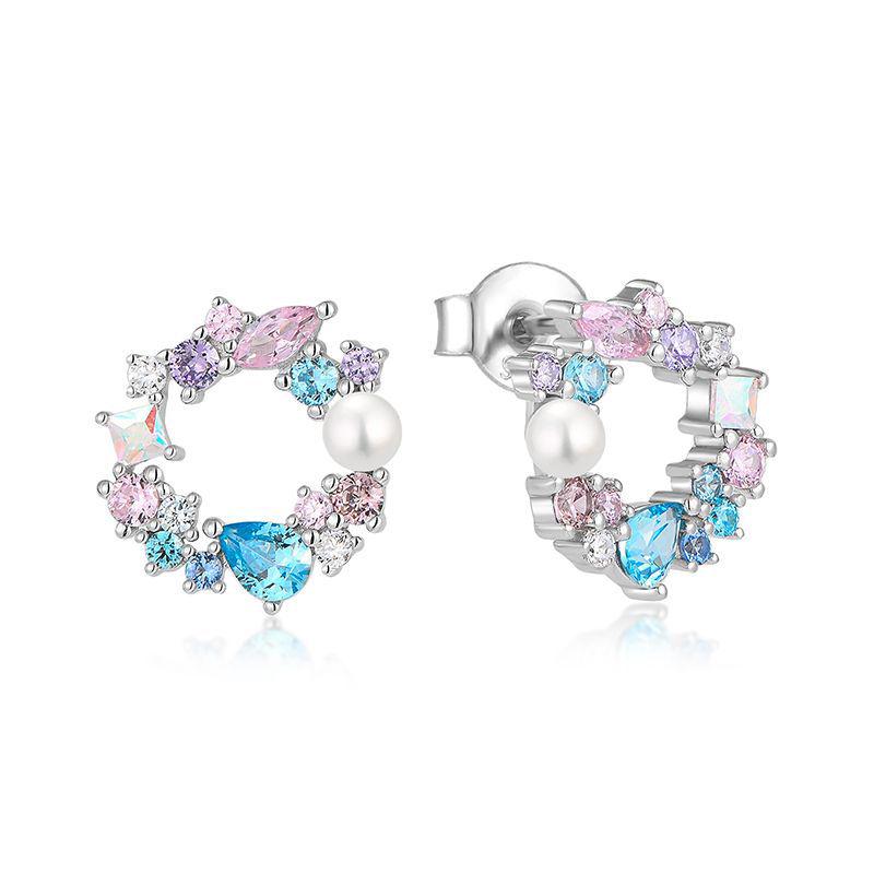 925 Sterling Silver Freshwater Pearl  Colored Zircon Flower Stud Earrings for Women 925 Silver