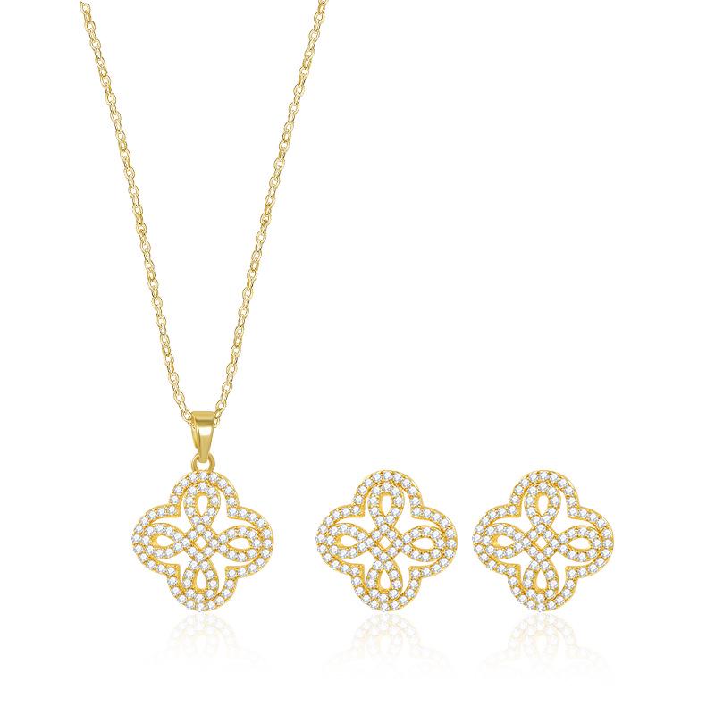 

Elegant Non-Fading Copper Earrings & Necklace Set with Shimmering Zircon Four-Leaf Clovers Copper Alloy