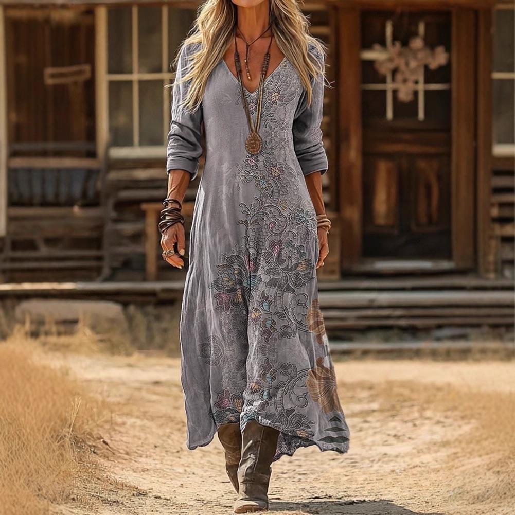 Damen Retro Blumenmuster Langarmkleid - Europäischer & Amerikanischer Stil