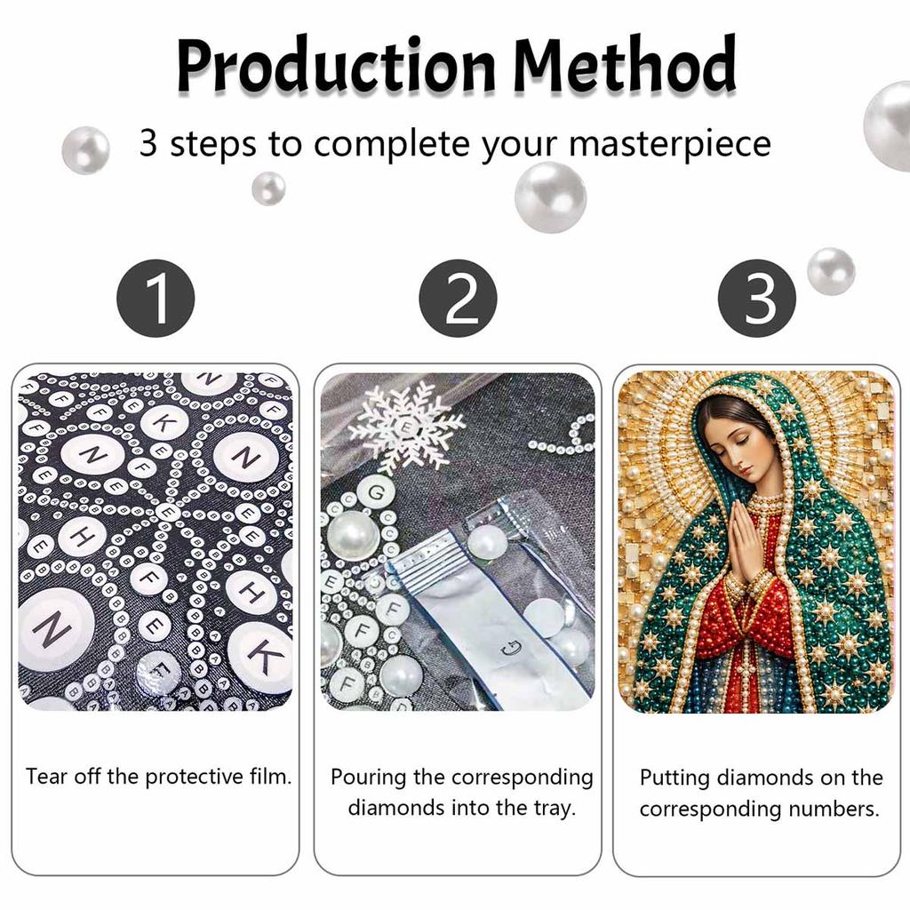 Virgin Mary Pearl Bead Painting with Frame Shiny Canvas Art Creative Handmade Craft Desk Decor Gift for Religious Art Collectors