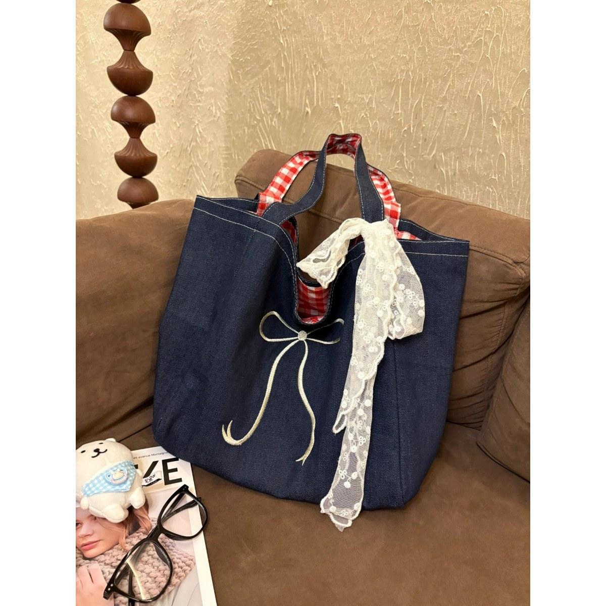 

Ленивый ветер джинсовая холщовая сумка сумка женская милый бант сумка на плечо для поездок на работу универсальная большая вместимость синий