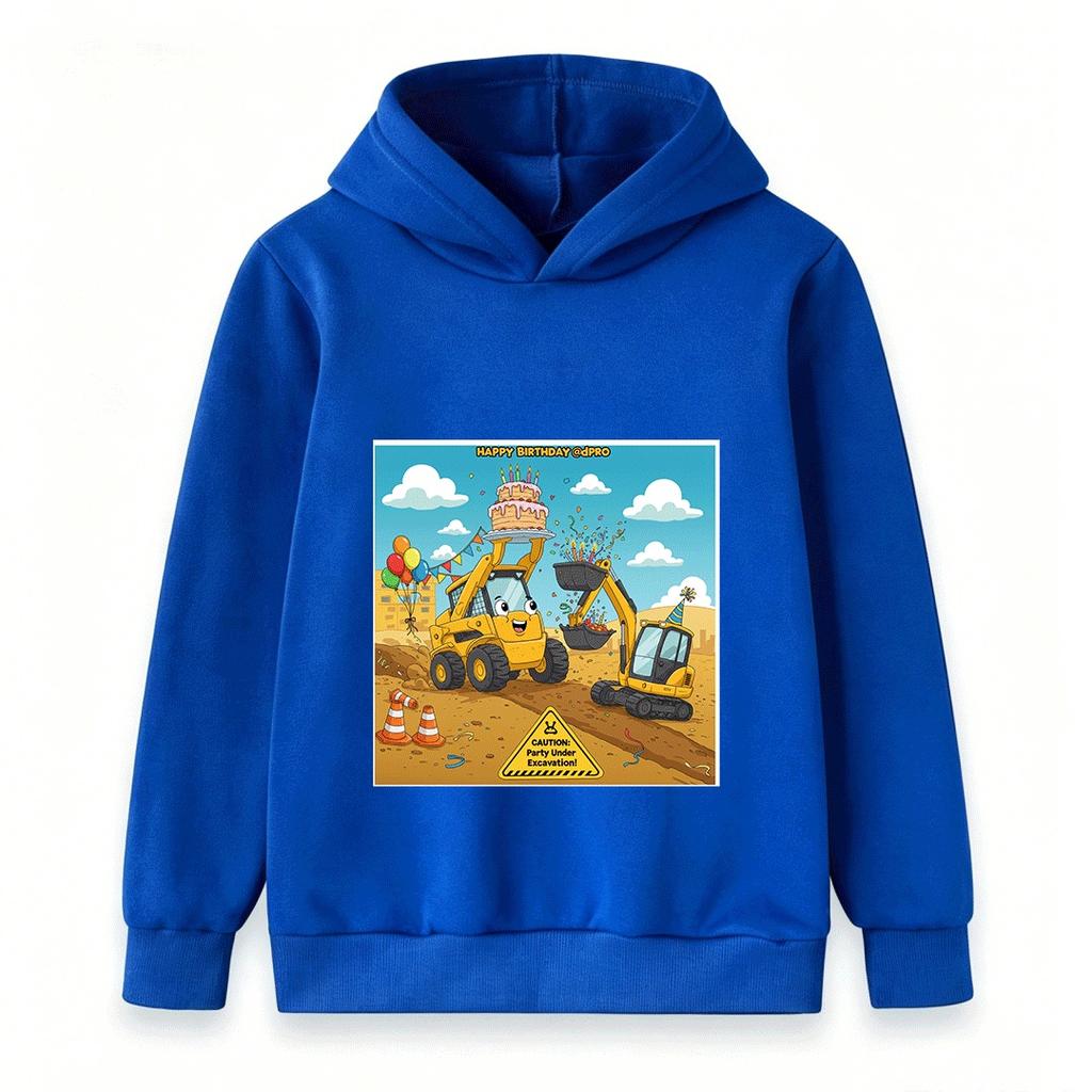 Kids Happy Birthday Construction Truck Hoodie Cartoon Excavator Skid Steer Print Pullover for Boys Girls Casual Party Sweatshirt