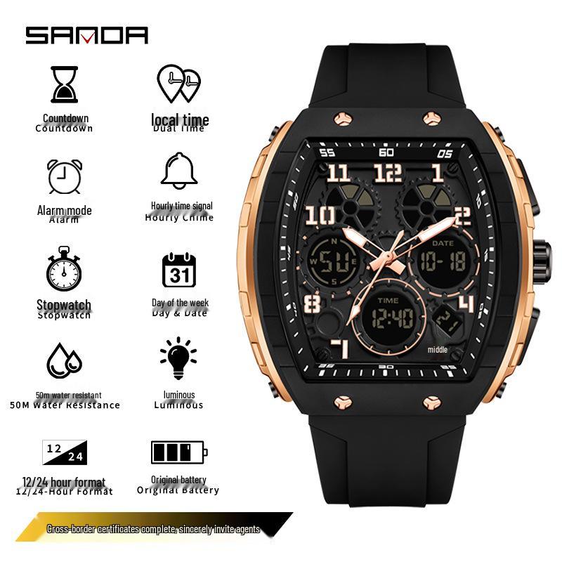 Sanda Dual-Movement Barrel Watch: Luminous Alarm, Large Dial, Multifunctional Student Watch.