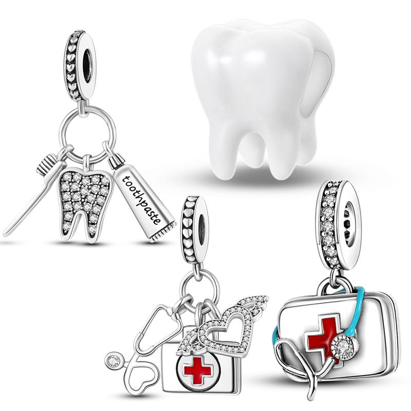 

Стерлингового серебра 925 пробы с фианитом доктор стоматолог зуб Шарм бусины подходят оригинальный браслет для детей женщин DIY Изготовление ювелирных изделий серебряный подарок