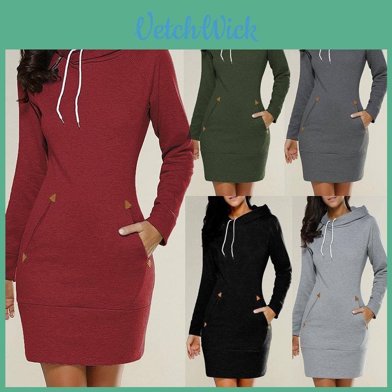 Womens Hooded Mini Dress Casual Long Sleeve Sweatshirt Jumper Slim Fit With Pockets