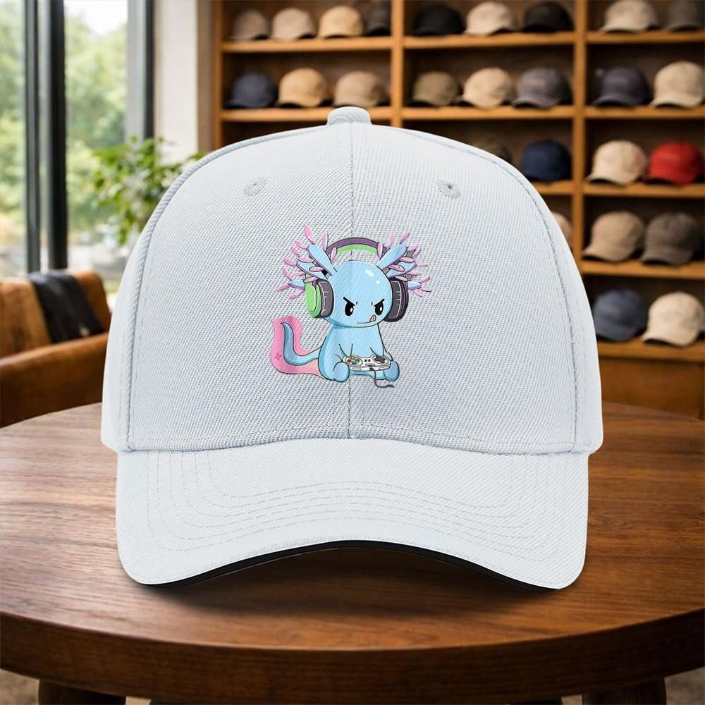 Gamer Axolotl Headphone Print Baseball Cap Adjustable Curved Brim Casual Street Dance Hat