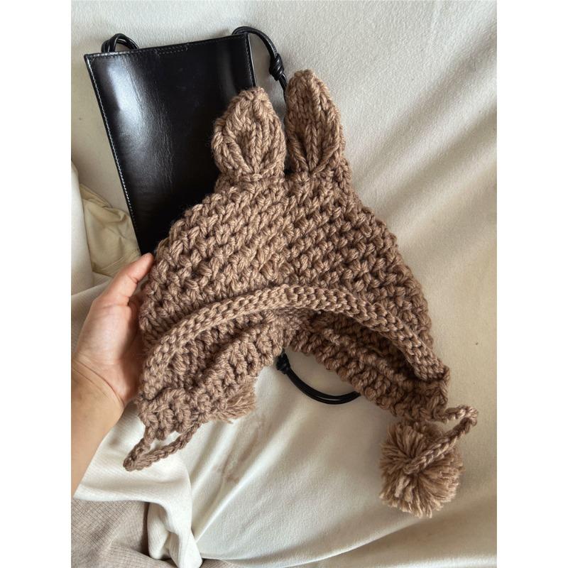 Cute Handmade Rabbit Ear Woolen Hat for Parent Child Autumn and Winter New Style Knitted Ear Protection Warm Lei Feng Hat