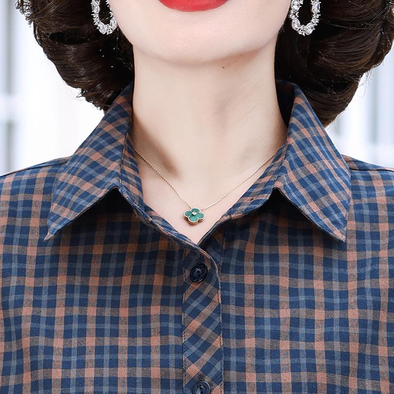 2026 Women's Spring/Fall Loose Cotton Plaid Lapel Shirt for Middle-aged & Elderly - Long Sleeve