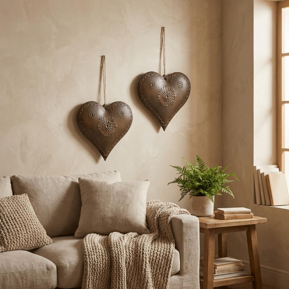 2PCS Vintage Heart Shaped Hanging Pendant Iron Heart Shaped Ornament Wall Decor  for Home
