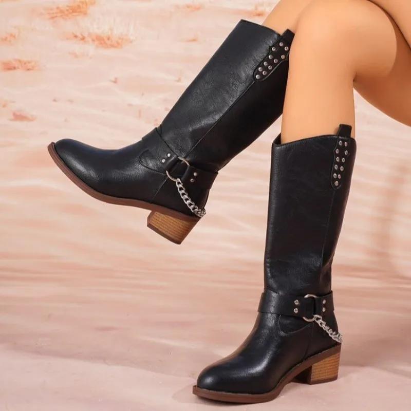 

Winter The Chain Plus Size Mid-Calf Boots Ladies Shoes 2024 High Quality Slip-on Women s Boots Fashion Rivet Modern Boots Women 36 чорний