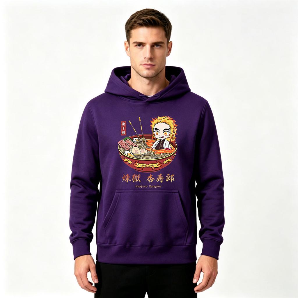Men's Print Pullover Hoodie, Cute Anime Character Ramen Bowl Pattern Casual Hooded Sweatshirt
