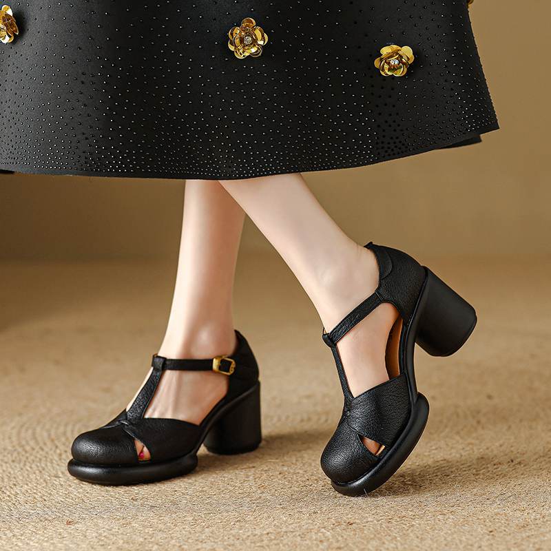 Krazing Pot Sheep Skin Round Toe Size 41 Thick Round High Heels Buckle Straps Hollow Platform Gladiator Autumn Pumps