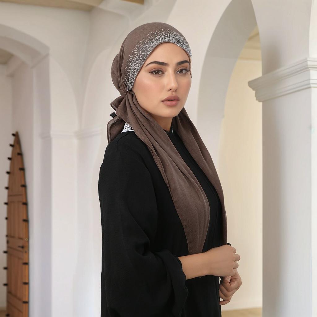 Fashion Diamond Cotton Elastic Headband Cap For Woman Stretch Shawl Plain Muslim Hijab Hat Lady Instant Scarf Islamic Turban