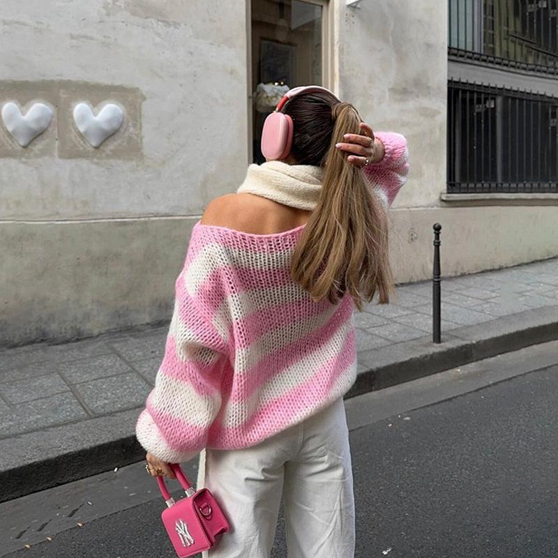 European & American Winter Women's Round Neck Striped Loose Knit Sweater - Versatile Long Sleeve Style