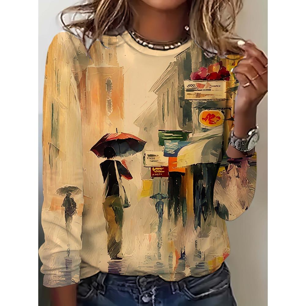 Women s Geometric Pattern Slim Fit Women s Casual Round Neck Long Sleeves, Everyday Creative Painting Design S