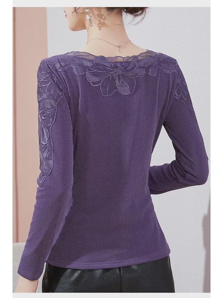 2024 Women's Plus-Size Long Sleeve Lace Mesh Warm Shirt