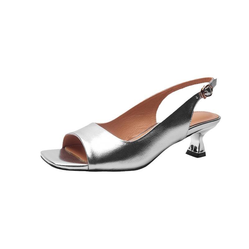 French simple temperament low heel silver sandals women's 2025 summer new square head thin heel cat heel empty Roman shoes women
