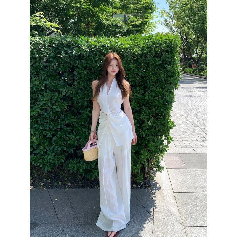 Kumikumi Casual White Suit Halterneck Vest Female Summer High Waist Drape Slim-Fit Wide-Leg Pants Two-piece Set