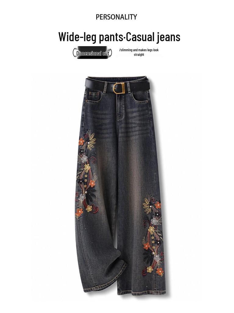 Women's Retro Embroidered Floral Wide-Leg Jeans, Autumn/Winter 2025 Collection