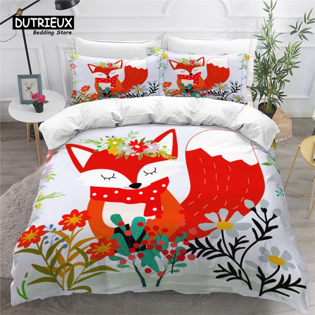 Kids Cartoon Fox Duvet Cover Microfiber Bedding Set Lovely Animal Theme Comforter Cover King For Kids Adults Girls Bedroom Decor