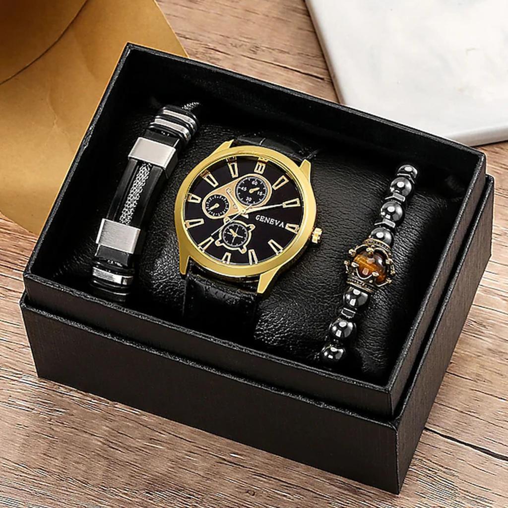 Fashion Trendy Faux Three-Eyed Mechanical Men's Watch Bracelet Beaded Bracelet Set of Three Without Gift Box