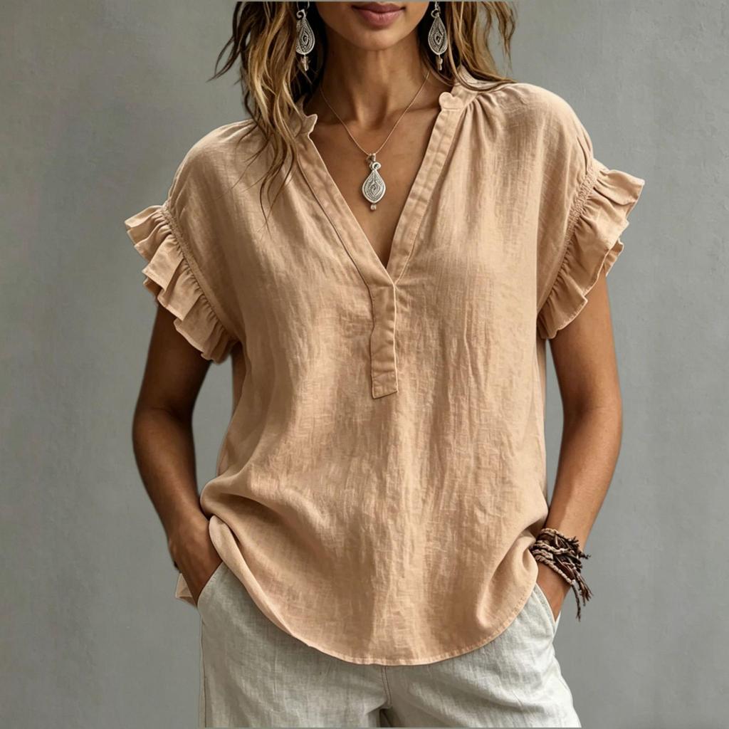 2026 European Bohemian V-Neck Short Sleeve Cotton Linen Women's Top