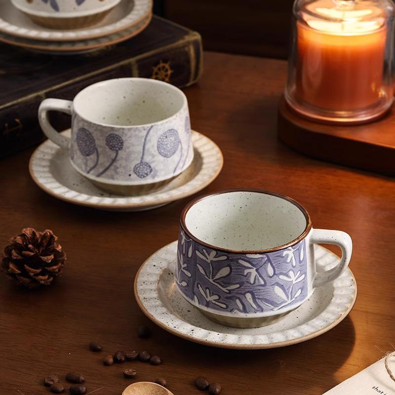 Elegant Niche Ceramic Coffee Cup and Saucer Set In Retro Coarse Pottery Design