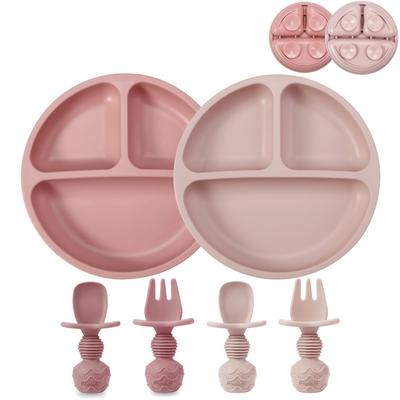 PandaEar 2 Pack Silicone Baby Suction Plates with 2 Spoons 2 Forks for Weaning Girls, Sectioned Divided Baby Weaning Plates, Toddler Dinner Plates Se