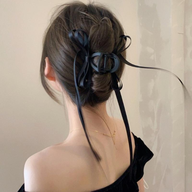 Mode Schwarz Lange Schleife Haarklammer Rücken Schmetterlingsspangen Haiklammer Frauen Mädchen Neu Mattierte Haaraccessoires Haarklammer