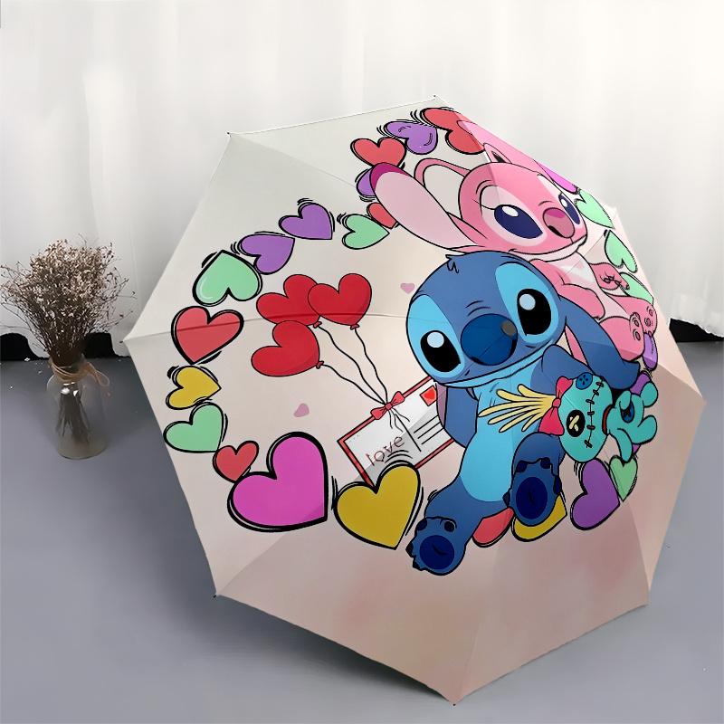 Stitch, Love Themed Automatic opening and closing folding umbrella, 8-rib windproof, compact travel design, suitable for all occasion | Fash