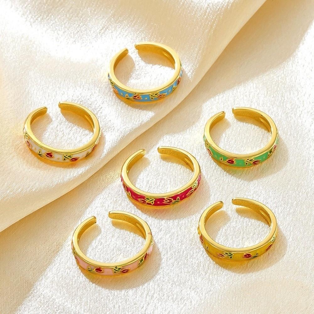 Unique Vintage Geometric Ring Flower Adjustable Tulip Ring Bohemian Enamel Open Ring Parties
