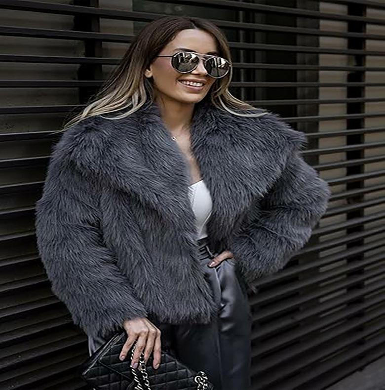 Eco-friendly Faux Fur Coat with Large Lapel, European-American Fashion, Thick and Cozy, Winter 2025 Collection