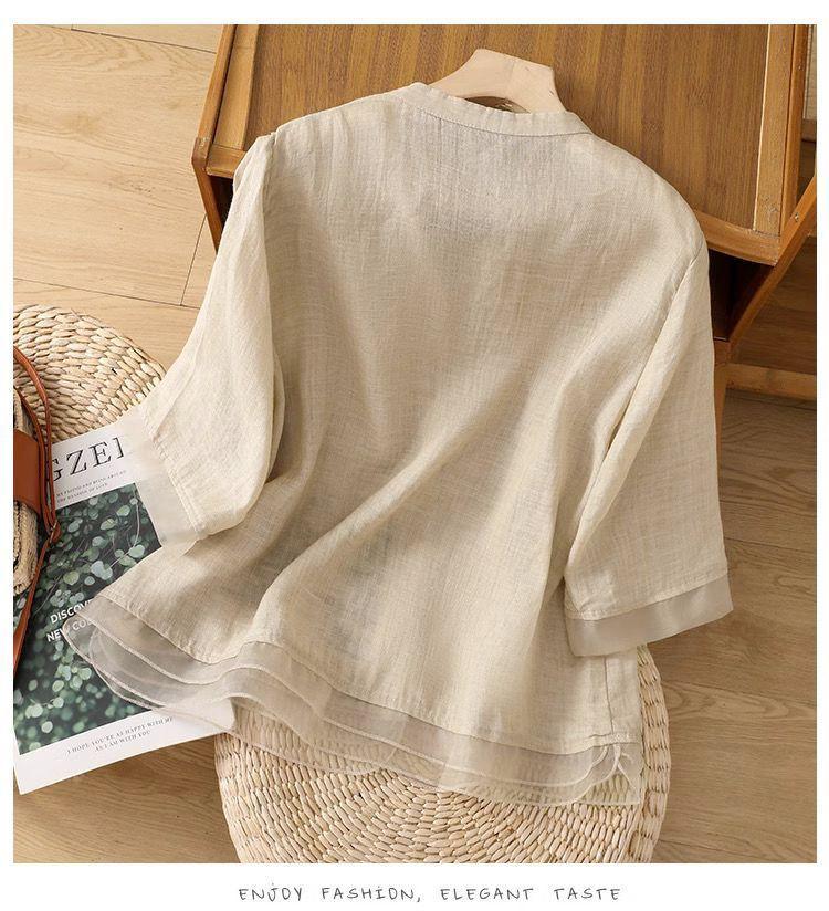 Blouse Broderie Chemise Col Montant Chemise Brodée Été Printemps Femmes Manche Volantée