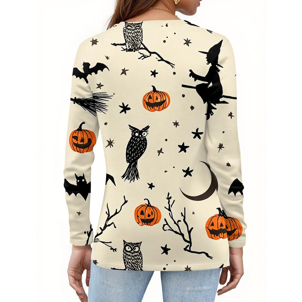 Women's Fashion Casual Halloween Printed V-Neck Button Trim Long Sleeve T-Shirt Top