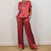 Women Summer Satin Lounge Sets Short Sleeve Crew Neck Top And Wide Leg Pants Set Casual Vacation 2 Piece Outfits