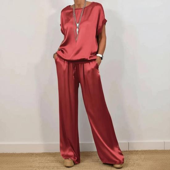 Women Summer Satin Lounge Sets Short Sleeve Crew Neck Top And Wide Leg Pants Set Casual Vacation 2 Piece Outfits