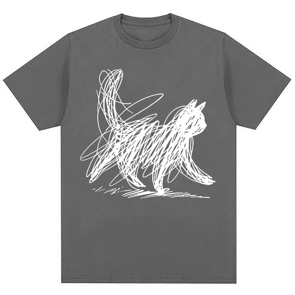Funny Scribble Cat Japanese Graphic T Shirts Men Women Fashion Harajuku Short Sleeve Oversized Cotton