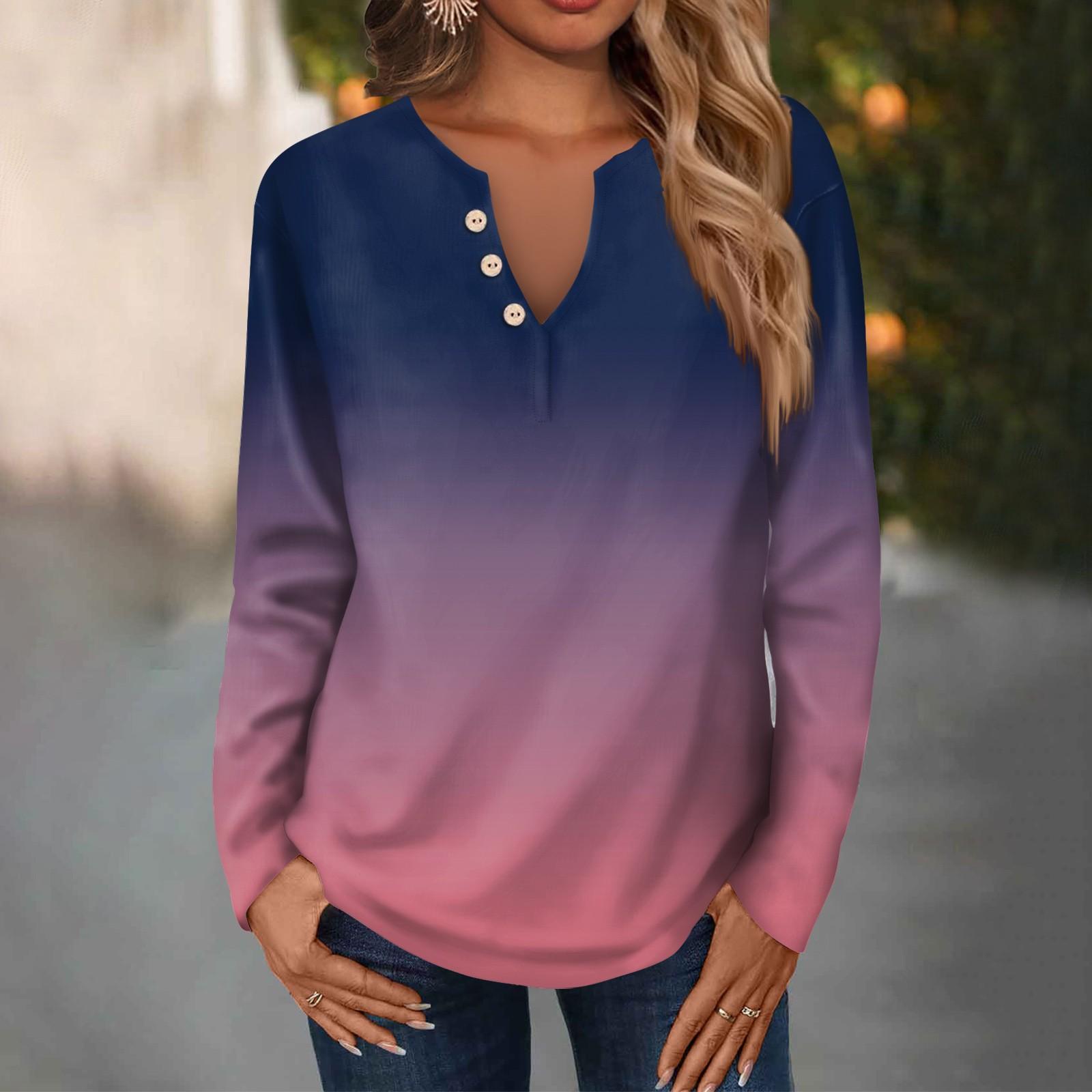 Женская модная повседневная свободная футболка с v-образным вырезом и длинным рукавом — фото 13