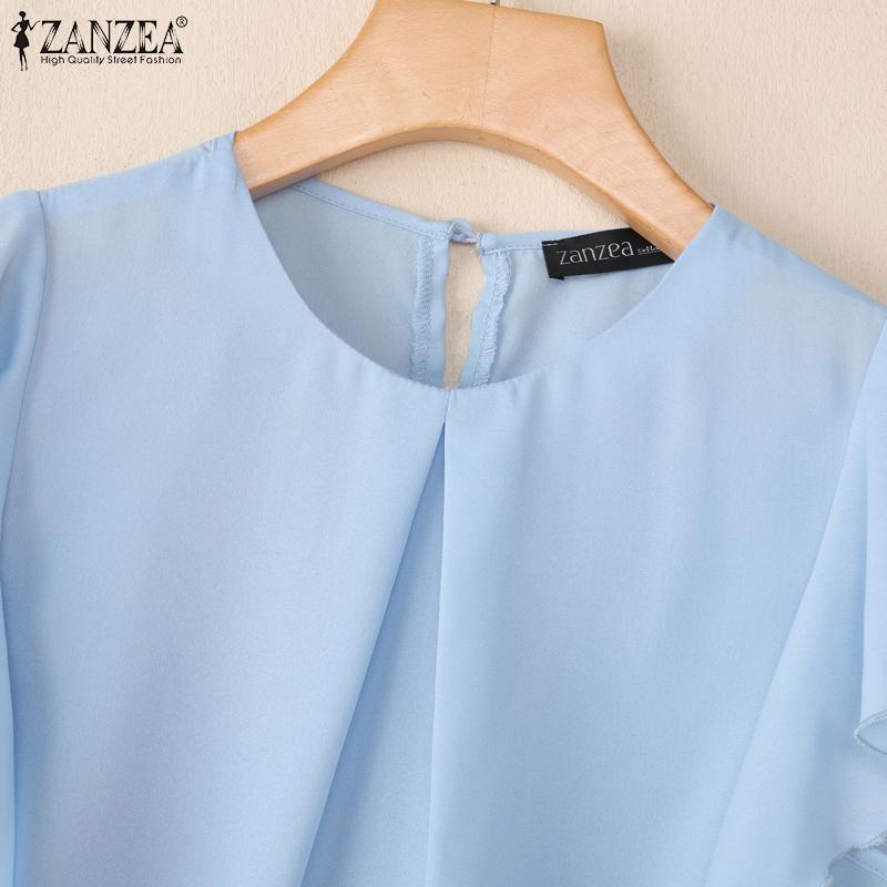 ZANZEA Women Casual Round Neck Ruffles Short Sleeve Loose Blouse