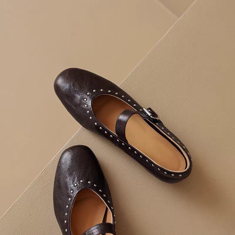 Fashion Retro Rivet Buckle Strap Flats Mary Janes Woman Solid Leather Ballets Shoes Ladies Spring Slip On Loafers Femme Studs Mocasines