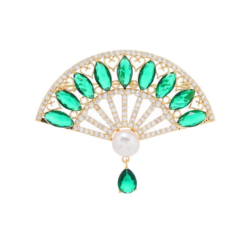 Premium Crystal Fan Freshwater Pearl Brooch Female Elegant Retro High-end Temperament Cheongsam Pin Suit Accessories