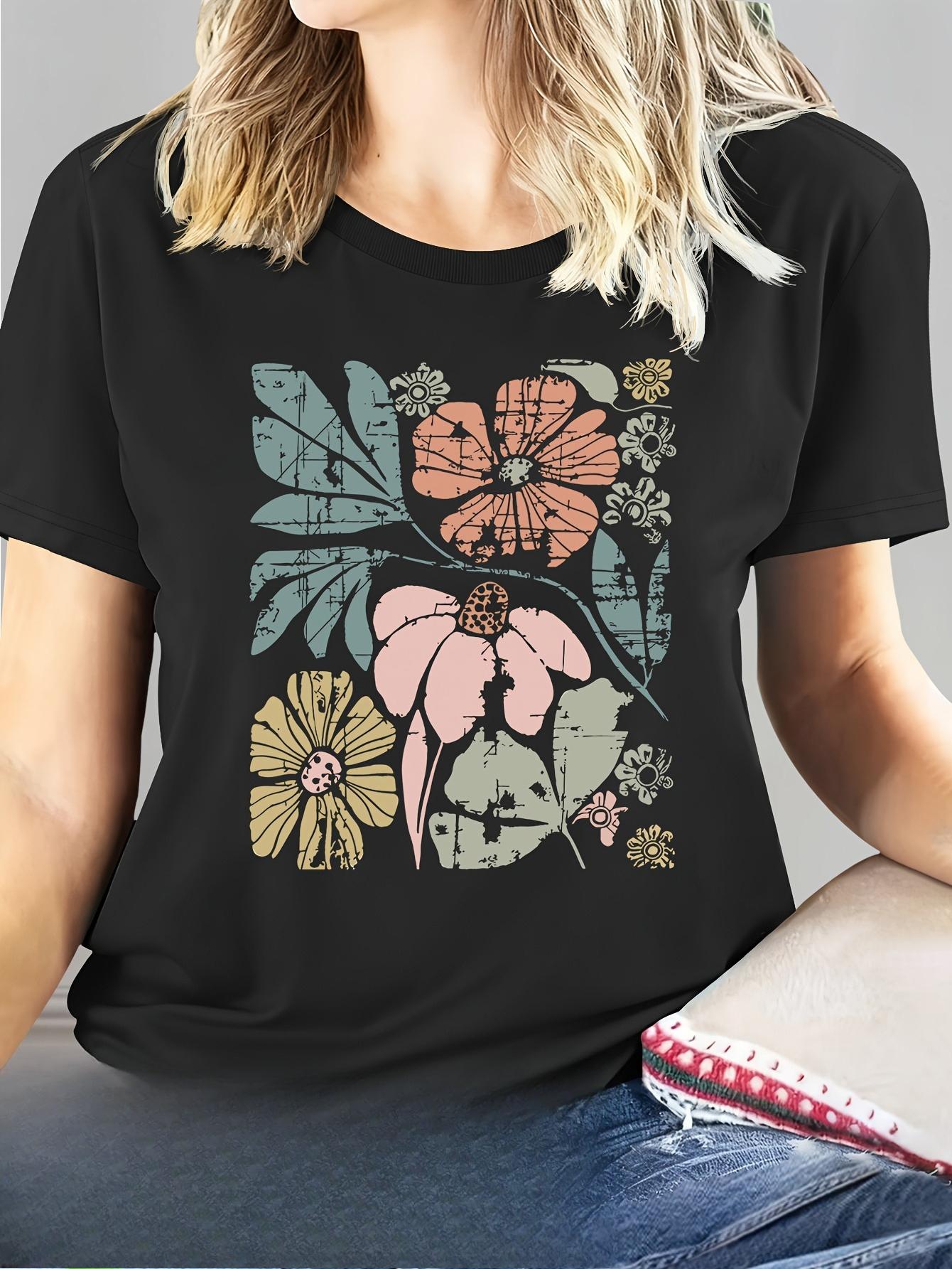 

European sizes 100% Pure Women S Short-Sleeved T-Shirt with Floral Print | Classic Round-Neck, Casual Fit, Machine Washable 4XL