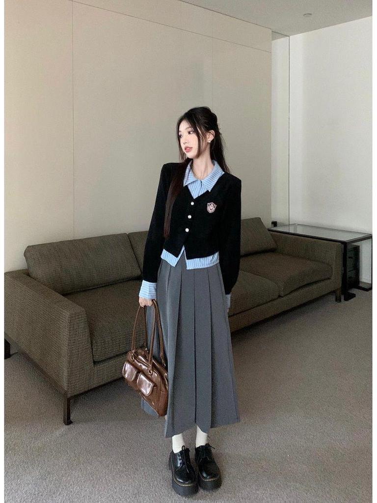 Women's Korean Academy Style Faux Two-Piece Colorblock Polo Shirt - Autumn 2025 New Arrival