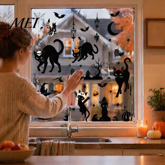 Dark Atmosphere Window Graphics 6 Sheets/Set Black Cat Stickers, Adhesive Free Static Clings, PVC Glass Stickers for Party Halloween Bat Pumpkin
