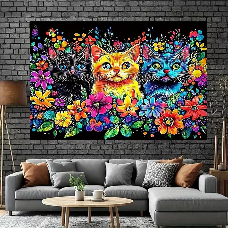 2D Colorful Kittens & Flowers Backdrop Cloth, Bright Art Photo Background