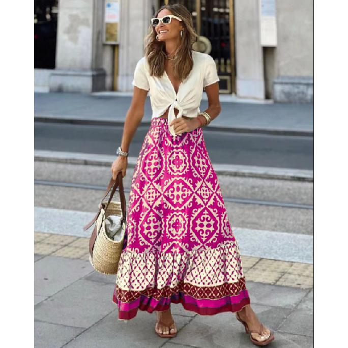 New Half Length Skirt Summer Edition Printed Loose Splicing Large Swing Skirt For Women